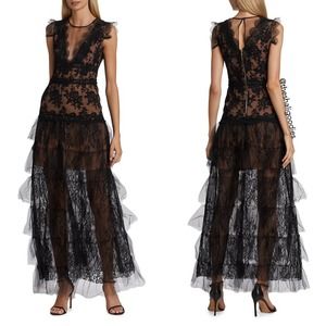 BRONX & BANCO Nina Gown Black Lace Ruffle Tiered Maxi Dress